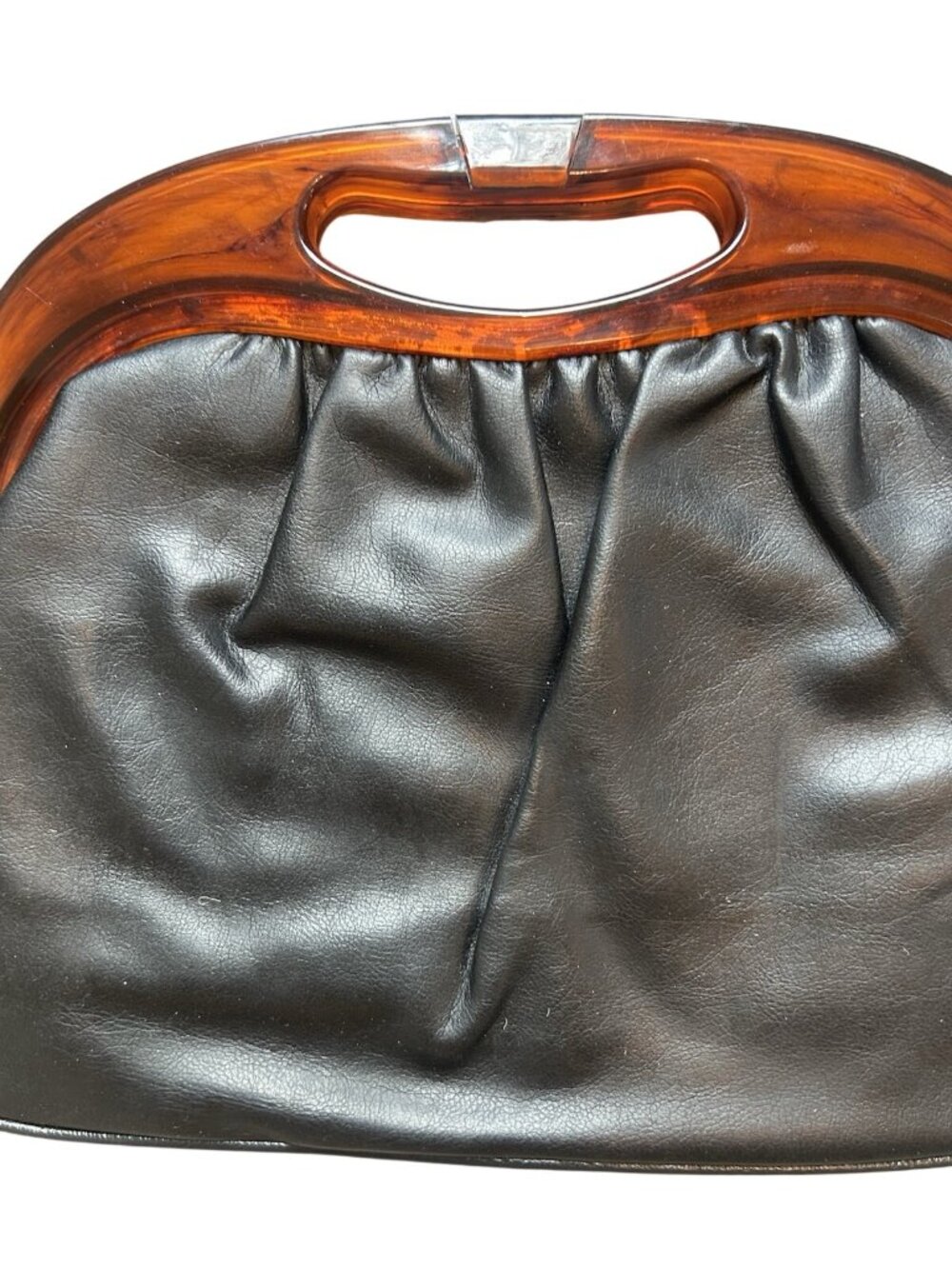 Vintage Black Leather Handbag Tortoiseshell Lucite Frame Clutch Purse Retro MCM - Picture 10 of 16